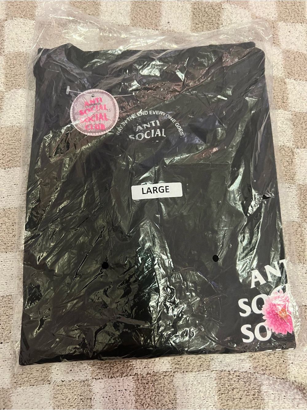 Anti Social Social Club Black Tee with Pink Floral Logo